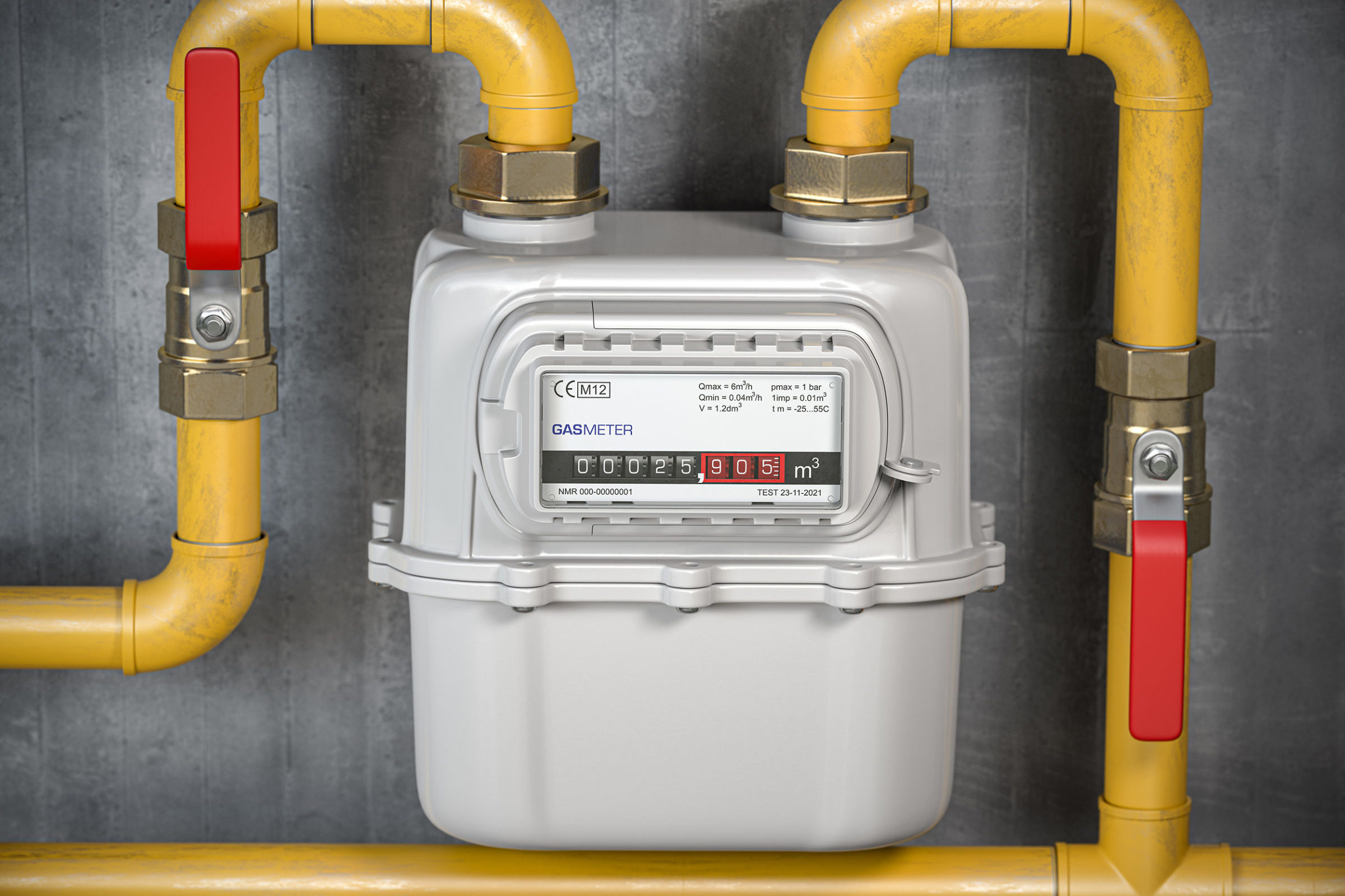 Gaspreisbremse: Grauer Gasverbrauchzaehler, aus dem links und rechts gelbe Rohre kommen.