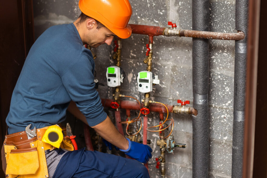 Waermemengenzaehler: Handwerker in blauem Overall mit orangenem Helm und gelbem Werkzeugguertel ist in der Hocke und umfasst mit beiden Haenden ein Heizungsrohr. Er traegt blaue Arbeitshandschuhe. An den Rohren sind zwei Waermemengenzaehler befestigt. Die Leitungen am rechten Bildrand sind mit Schaumstoff isoliert. Der Rest der Rohre liegt frei.
