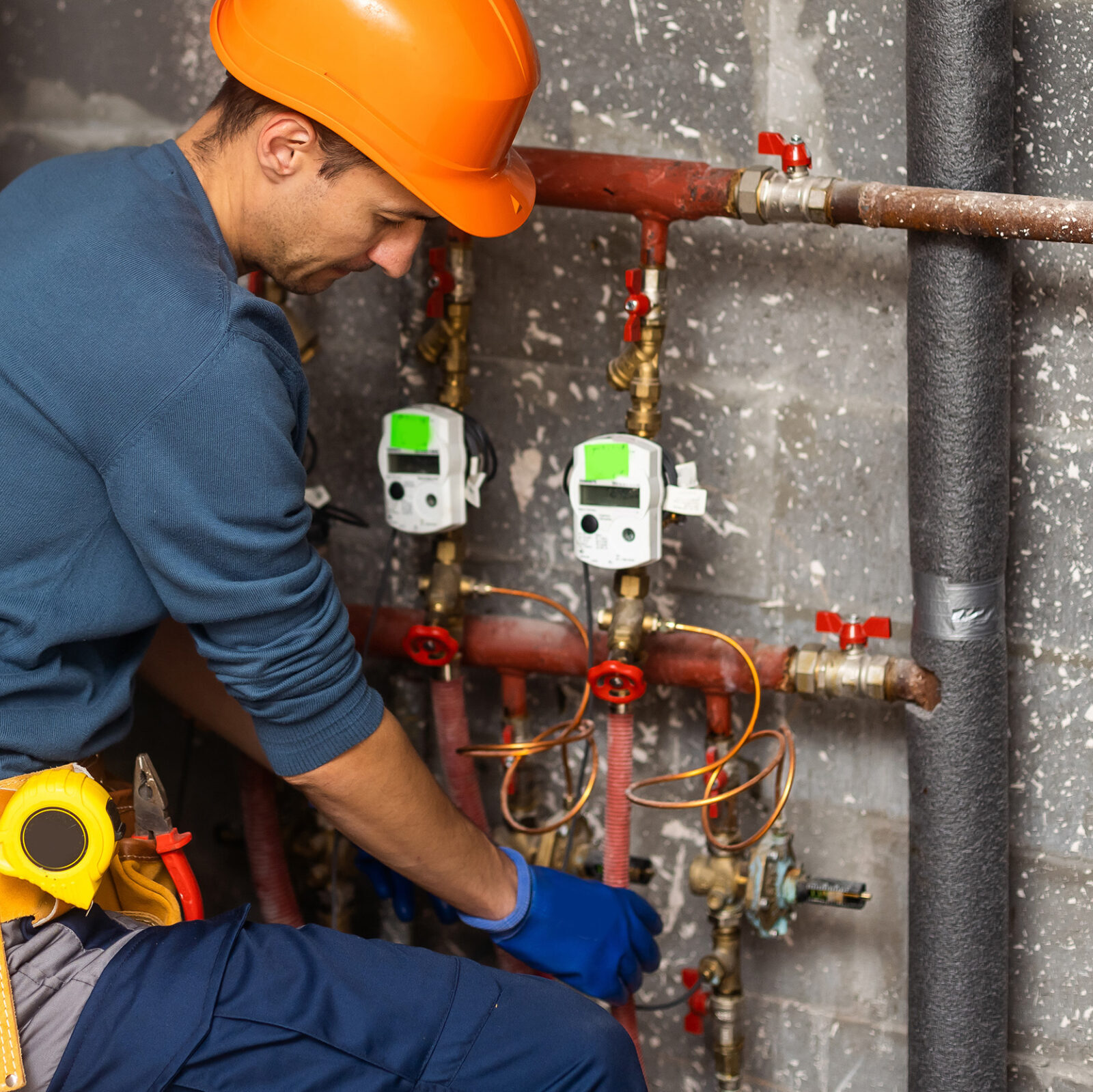 Waermemengenzaehler: Handwerker in blauem Overall mit orangenem Helm und gelbem Werkzeugguertel ist in der Hocke und umfasst mit beiden Haenden ein Heizungsrohr. Er traegt blaue Arbeitshandschuhe. An den Rohren sind zwei Waermemengenzaehler befestigt. Die Leitungen am rechten Bildrand sind mit Schaumstoff isoliert. Der Rest der Rohre liegt frei.